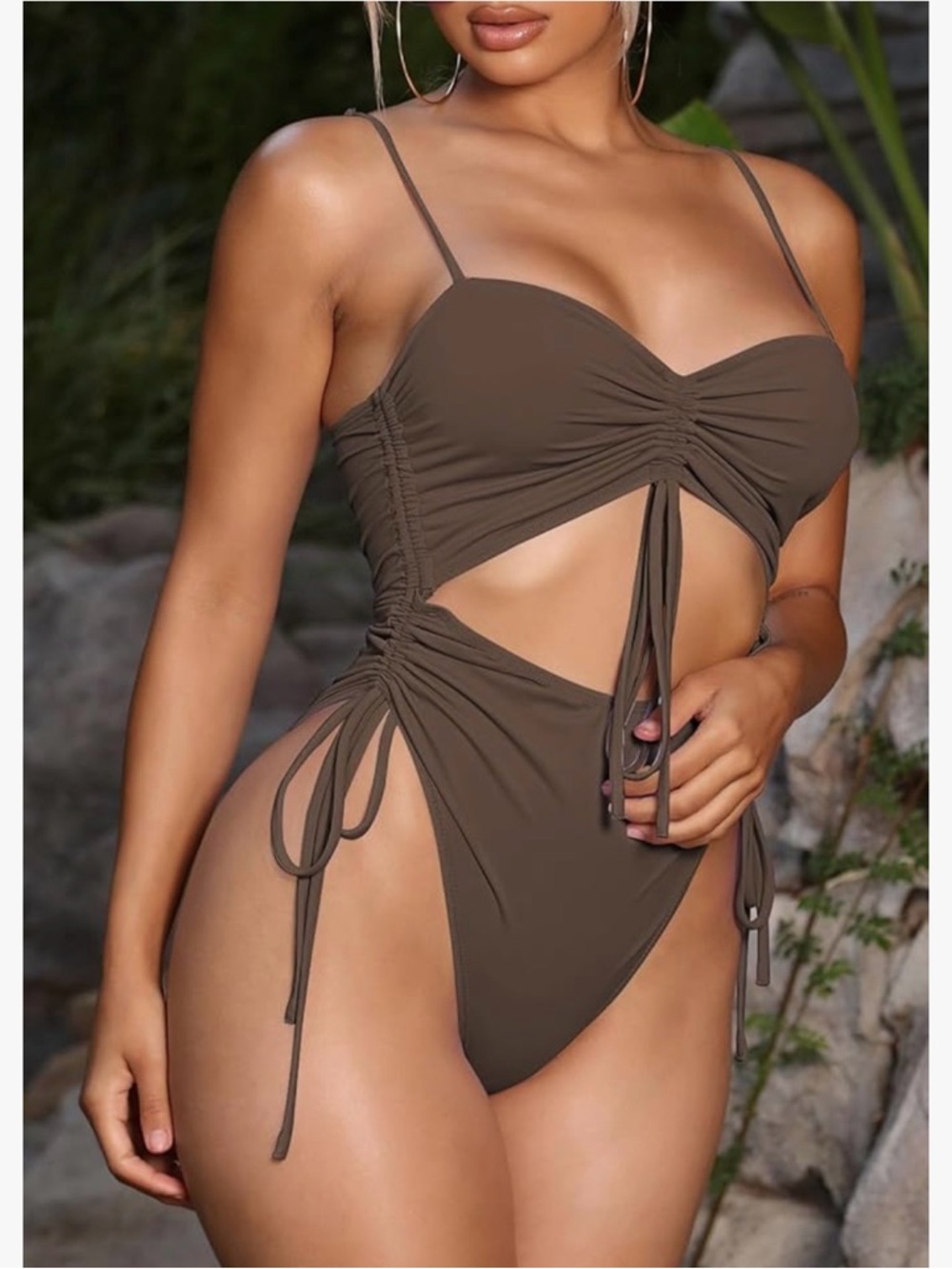 Women’s Brown Cutout One-Piece Swimsuit with Side Ties - Picture 3 of 8